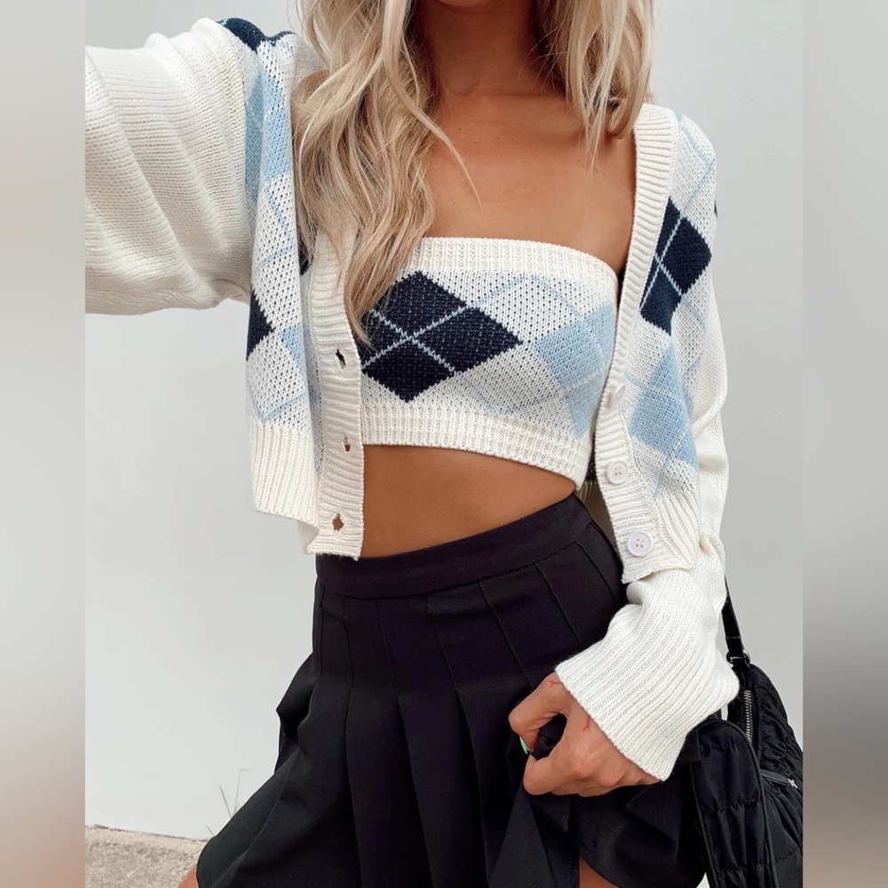 princess polly argyle cardigan tube top set cropped